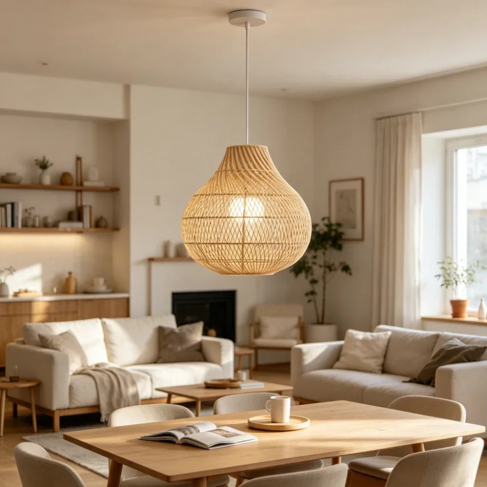 Handgeflochtene Rattan-Pendelleuchte im Tropfendesign