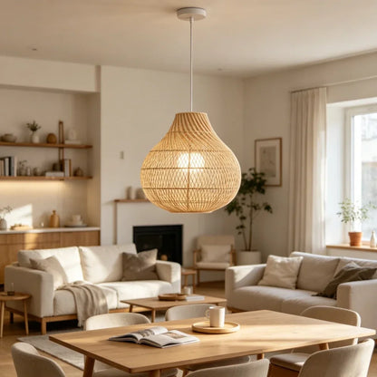 Handgeflochtene Rattan-Pendelleuchte im Tropfendesign