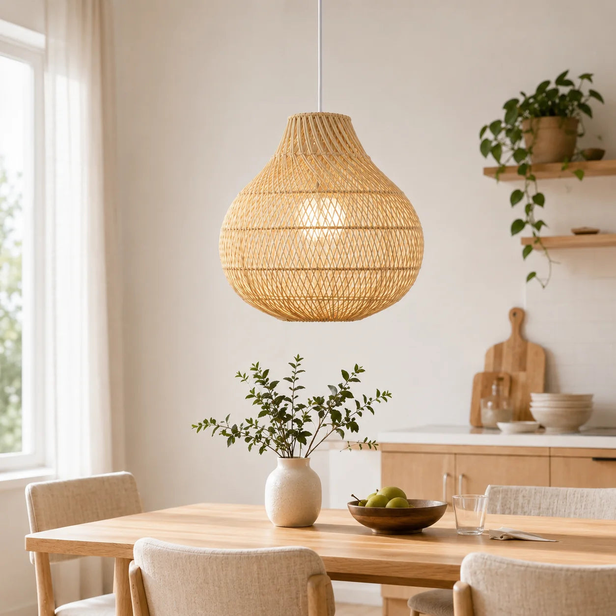 Handgeflochtene Rattan-Pendelleuchte im Tropfendesign