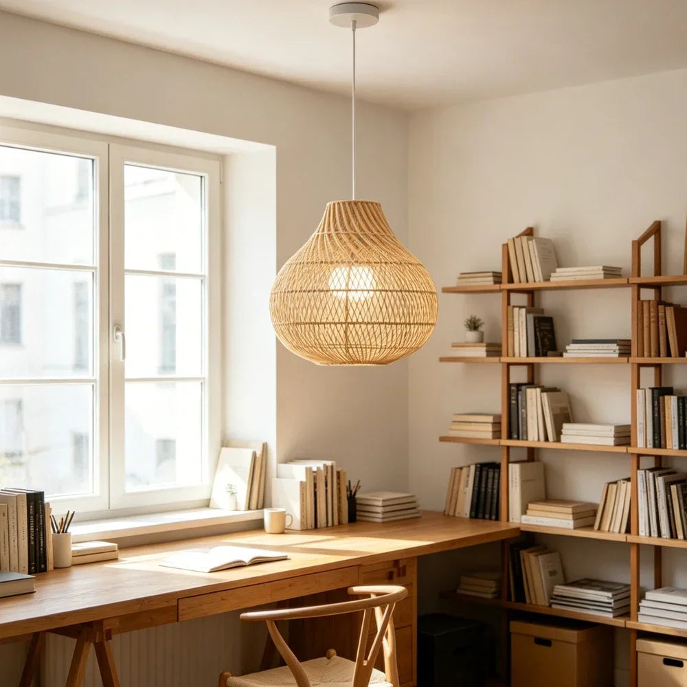 Handgeflochtene Rattan-Pendelleuchte im Tropfendesign